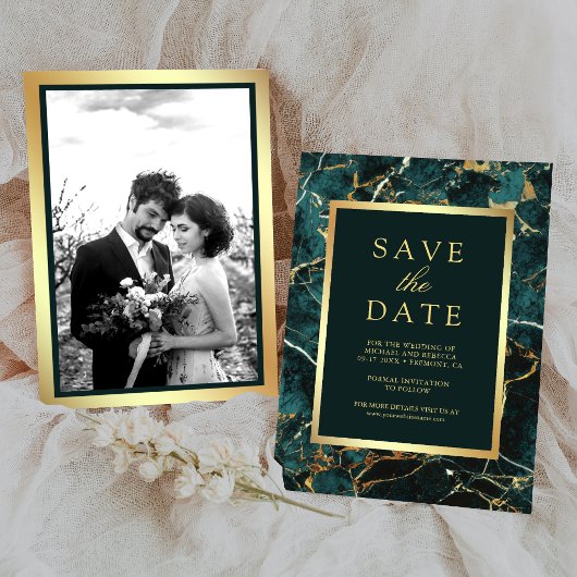 Teal Marble Gold Photo Wedding セーブザデート