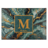 Teal Marble with Gold and Black Veins Monogram カッティングボード (正面)
