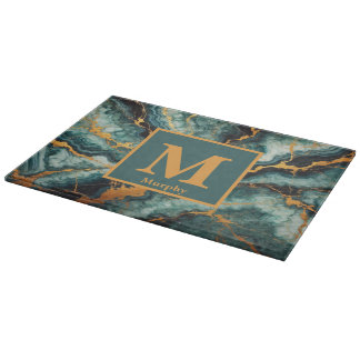 Teal Marble with Gold and Black Veins Monogram カッティングボード