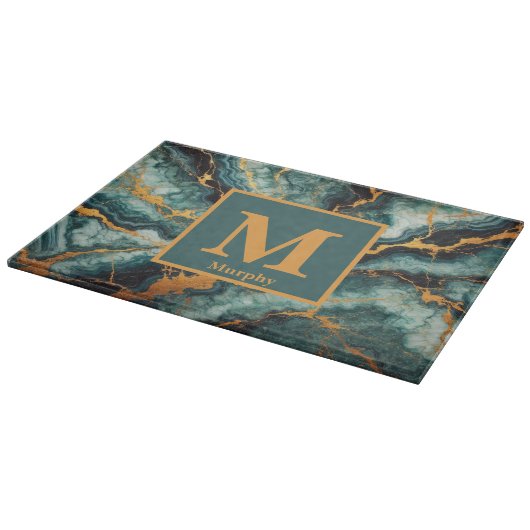 Teal Marble with Gold and Black Veins Monogram カッティングボード (角)