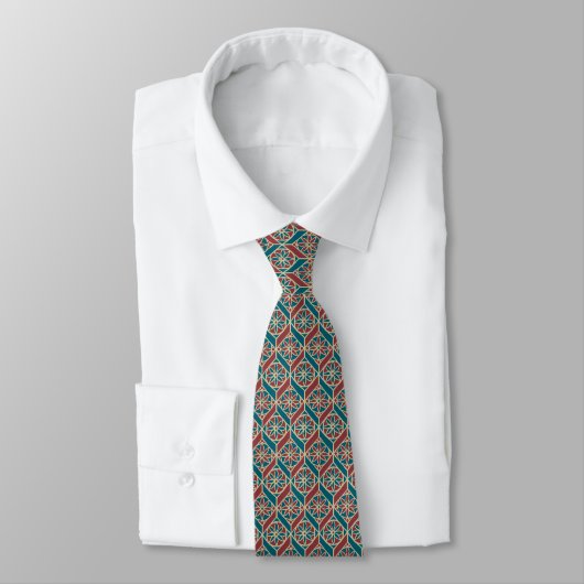Teal Maroon Beige Ethnic Pattern Flowers, Chevrons ネクタイ (タイ)