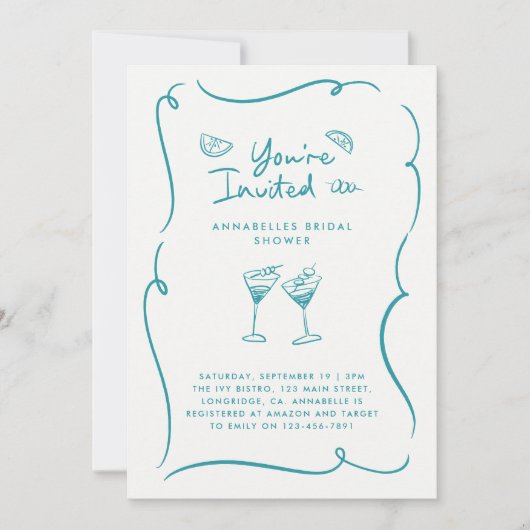 Teal Martini Bridal Shower Cocktail Party 招待状 (正面)