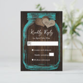 Teal Mason Jar Burlap Hearts Wood Wedding 出欠カード (スタンド正面)