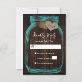 Teal Mason Jar Burlap Hearts Wood Wedding 出欠カード
