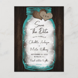 Teal Mason Jar Wood Hearts Wedding Save The Date 案内ポストカード