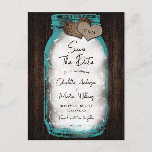 Teal Mason Jar Wood Hearts Wedding Save The Date 案内ポストカード (正面)