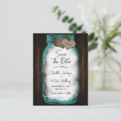 Teal Mason Jar Wood Hearts Wedding Save The Date 案内ポストカード (スタンド正面)