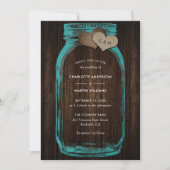Teal Mason Jar Wood Monogram Burlap Hearts Wedding 招待状 (正面)