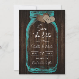Teal Mason Jar Wood Monogram Romantic Fall Wedding セーブザデート