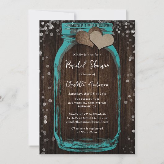 Teal Mason Jar Wood Rustic Bridal Shower 招待状 (正面)