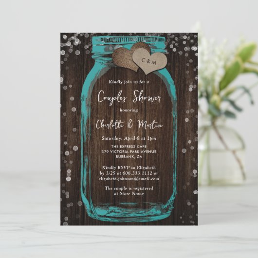 Teal Mason Jar Wood Rustic Couples Shower 招待状 (スタンド正面)