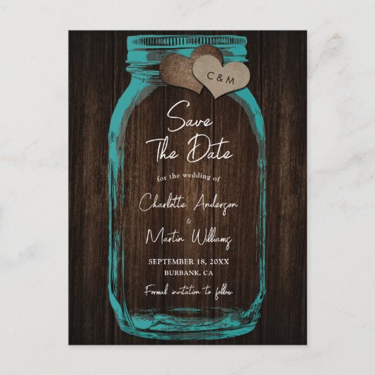 Teal Mason Jar Wood Wedding Save The Date 案内ポストカード (正面)