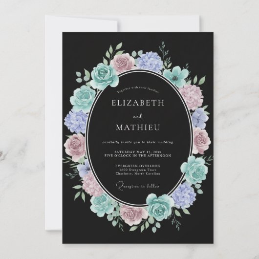 Teal Mauve Botanical Romance Wedding 招待状 (正面)