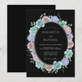 Teal Mauve Botanical Romance Wedding 招待状 (正面/裏面)