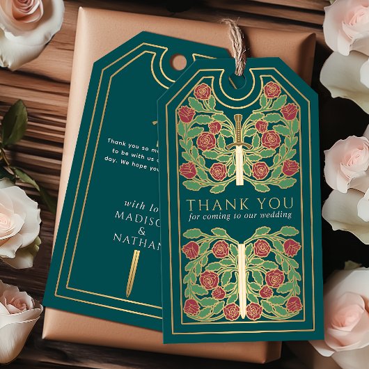 Teal Medieval Gold Sword Wedding Thank You ギフトタグ