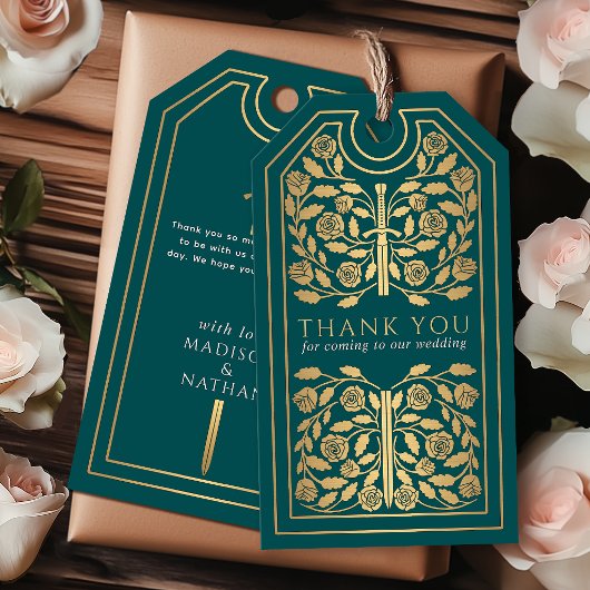Teal Medieval Gold Sword Wedding Thank You ギフトタグ