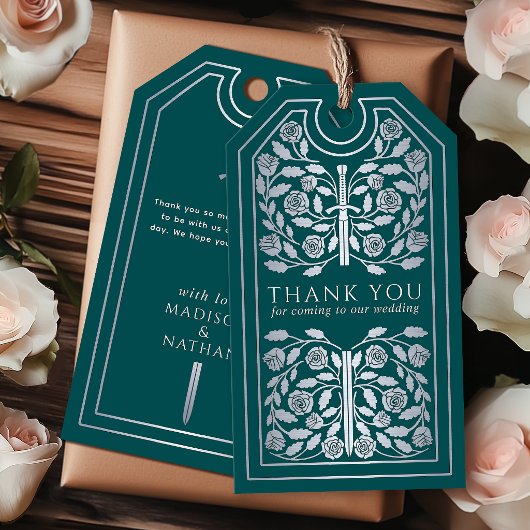 Teal Medieval Silver Sword Wedding Thank You ギフトタグ