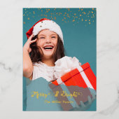 teal Merry & Bright Christmas Photo gold 箔シーズンカード (正面)