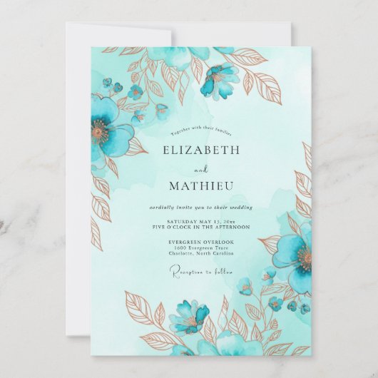 Teal Metallic Watercolor Coastal Wedding 招待状 (正面)