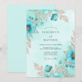 Teal Metallic Watercolor Coastal Wedding 招待状 (正面/裏面)