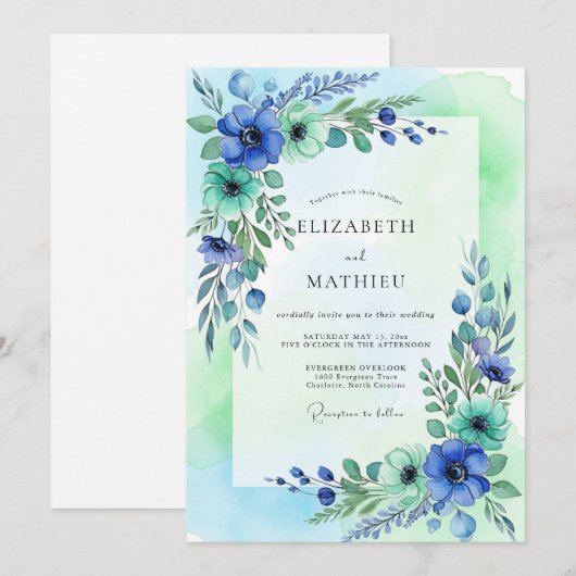 Teal Mint Ethereal Spring Wedding 招待状 (正面/裏面)