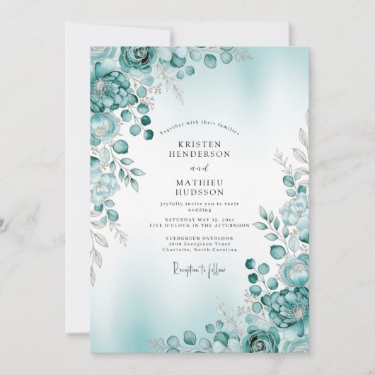 Teal Misty Botanical Winter Wedding 招待状 (正面)