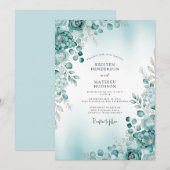 Teal Misty Botanical Winter Wedding 招待状 (正面/裏面)
