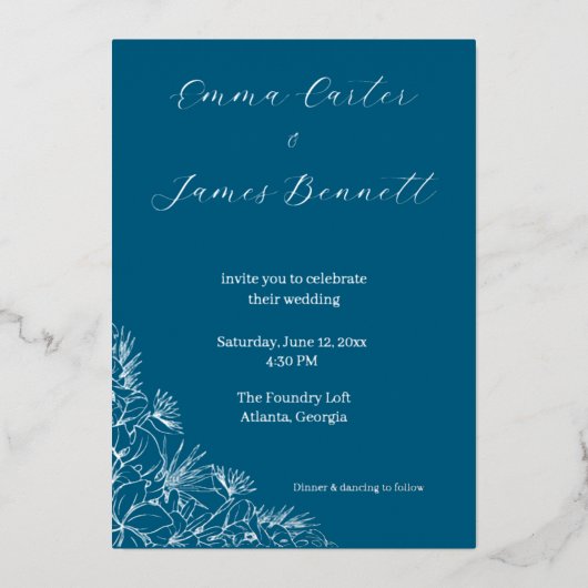 Teal Modern Botanical Wedding Foil Invitation 箔招待状 (正面)