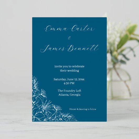 Teal Modern Botanical Wedding Foil Invitation 箔招待状 (立ち正面)