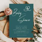 Teal Modern Script Baby Shower Photo 招待状