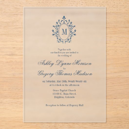 Teal Monogram Acrylic Wedding Invitation アクリル招待状 (正面)