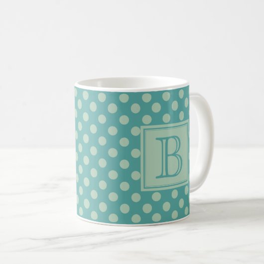 Teal Monogram Polka Dot Pattern コーヒーマグカップ (正面右)