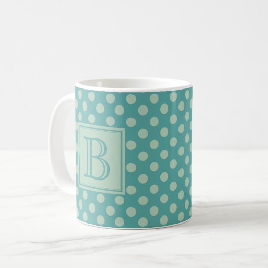 Teal Monogram Polka Dot Pattern コーヒーマグカップ (正面左)