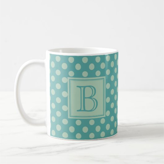 Teal Monogram Polka Dot Pattern コーヒーマグカップ (左)