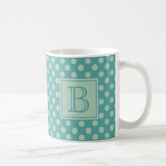Teal Monogram Polka Dot Pattern コーヒーマグカップ (右)
