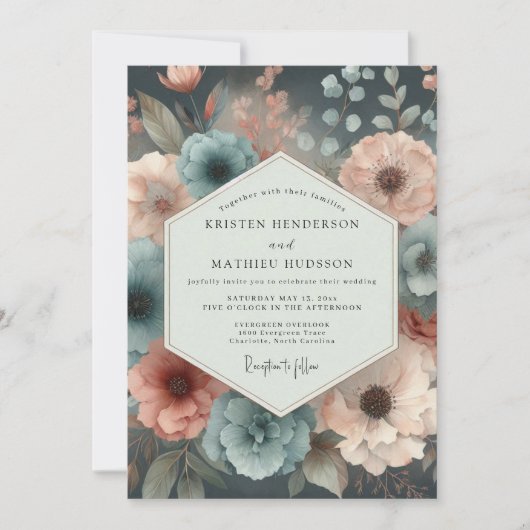 Teal Moody Bloom Romance Wedding 招待状 (正面)