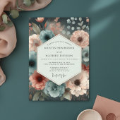 Teal Moody Bloom Romance Wedding 招待状