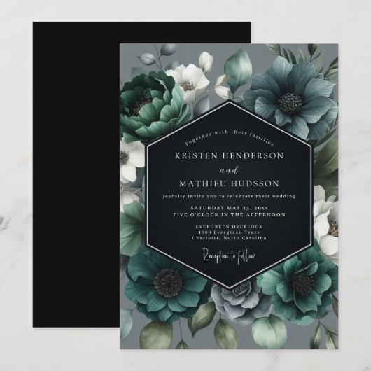 Teal Moody Bloom Wedding 招待状 (正面/裏面)