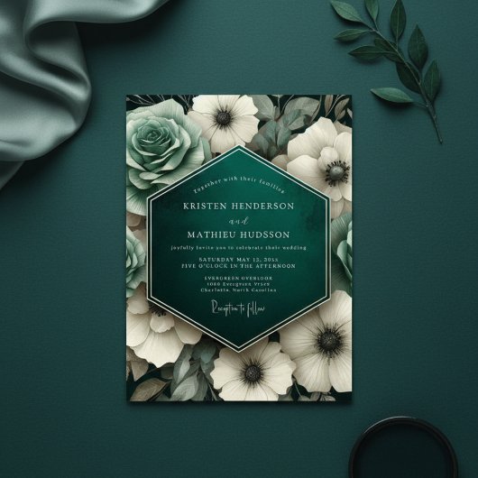 Teal Moody Floral Opulence Wedding 招待状