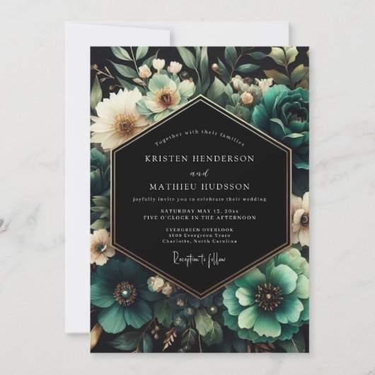 Teal Moody Floral Wedding 招待状 (正面)