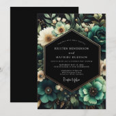 Teal Moody Floral Wedding 招待状 (正面/裏面)