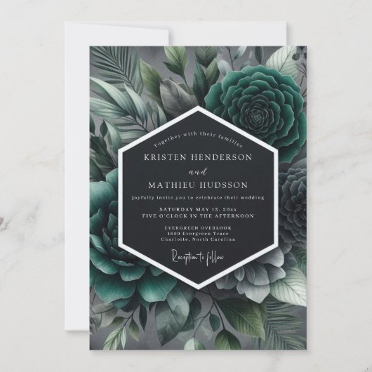 Teal Moody Succulent Wedding 招待状 (正面)