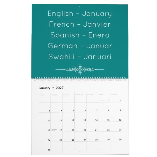Teal  Multilingual Calendar カレンダー (1月 2027)