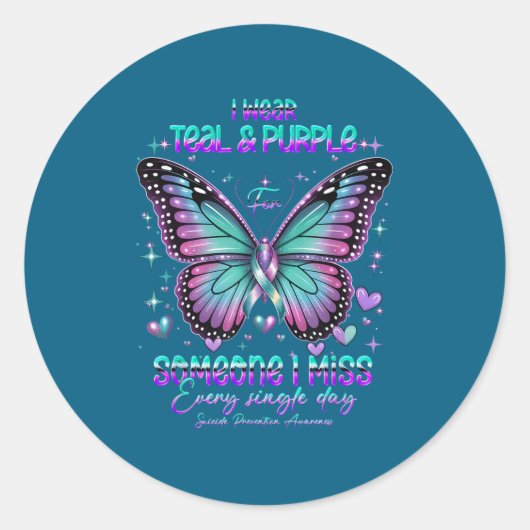 Teal N Purple Butterfly Suicide Prevention Awarene ラウンドシール (正面)