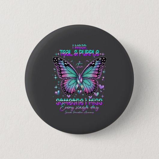 Teal N Purple Butterfly Suicide Prevention Awarene 缶バッジ (正面)