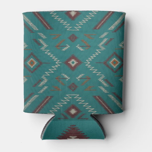 Teal Navajo Tribal Geometric Pattern 缶クーラー (正面)