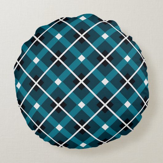 Teal & Navy Geometric Grid Pattern ラウンドクッション (裏面)