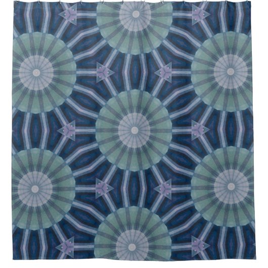 Teal & Navy Geometric Kaleidoscope Pattern シャワーカーテン (正面)