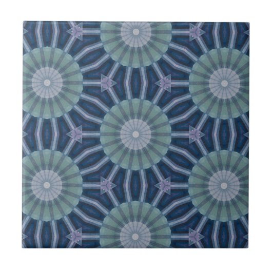Teal & Navy Geometric Kaleidoscope Pattern タイル (正面)