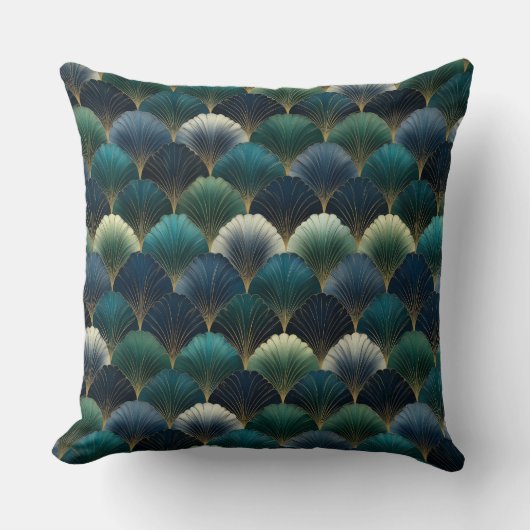 Teal Navy Gold Art Deco Fan Pattern クッション (正面)
